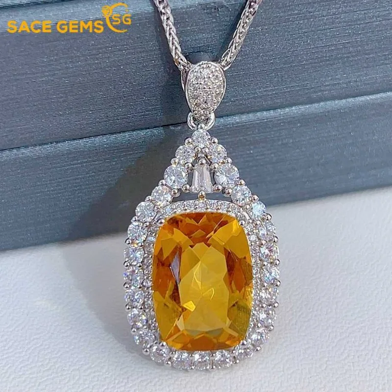 SACEGEMS 925 Sterling Silver Certified 10*14MM Natual Citrine Pendant Necklaces for Womne Engagement Cocktail Party Fine Jewelry