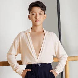 4 Colors Boys Latin Dance Tops Long Sleeves Deep Neck Black Tops Male Cha Cha Rumba Dance Clothes Performance Clothing DNV21759