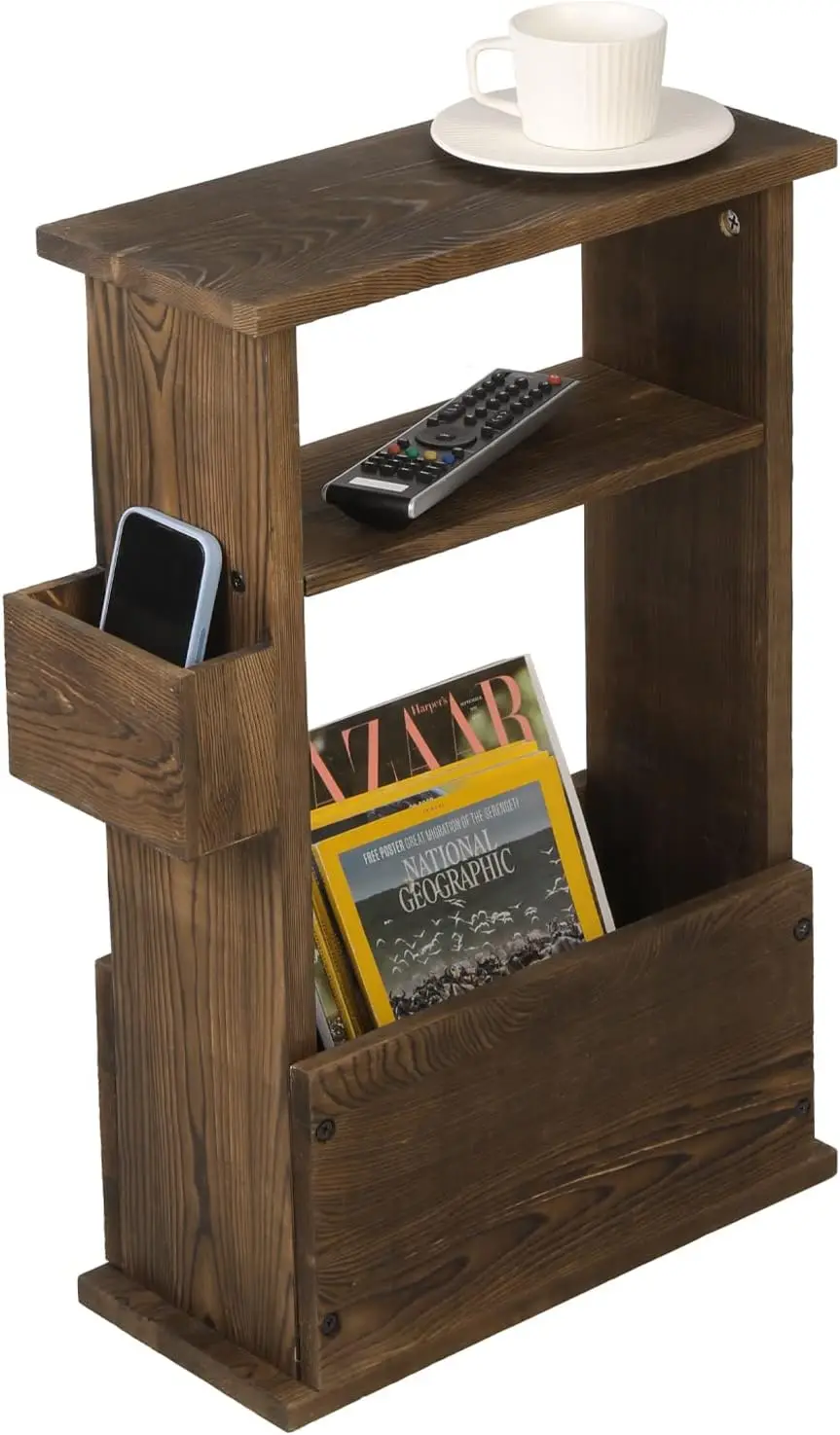 Mygift 24 Inch Tall Rustic Burnt Wood End Table With Remote Control Holder, Storage Shelf, And Magazine Rack, Wooden Narrow