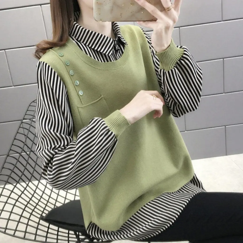 

Women's Korean Style Fake Two-Piece Top Shirt Collar Loose Knitted Sweater Base Coat Autumn Outer Wear