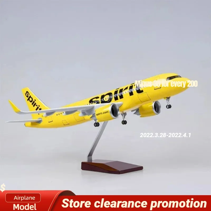 47CM 1/80 Airplane A320NEO Spirit Airlines Model Toys Light With Wheel Landing Gear Diecast Resin Plane Collection Display Gifts