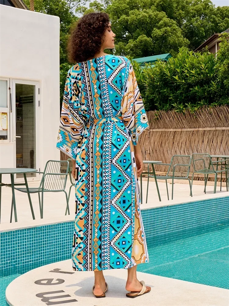 Chic Printed Women Plus Size Belted Kimono Dress Tunic Sexy Swimsuit Cover-ups House Robe 2024 Vacation Beach Party Outfit Q1414