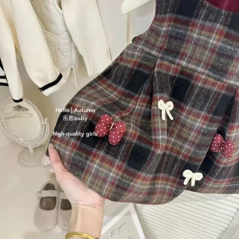 

2026 New Girls Vest Plaid Velvet Dress Autumn and Winter Children's Retro Princess Dress For Christmas 80-130CM