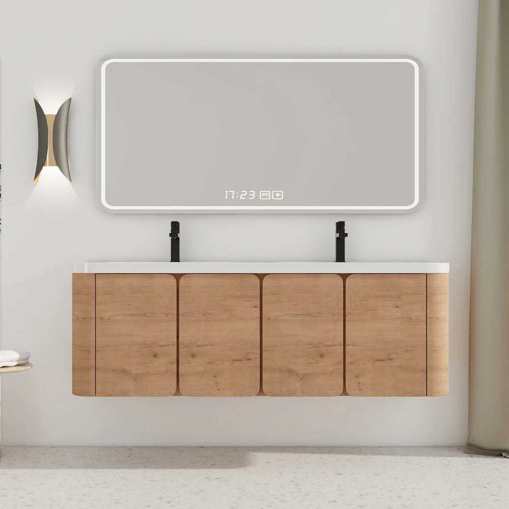

60'' Wall-Mounted Bathroom Vanity with White Resin Sink & 4-Soft-Close Door, KD-Packing, Plywood, Imitative Oak