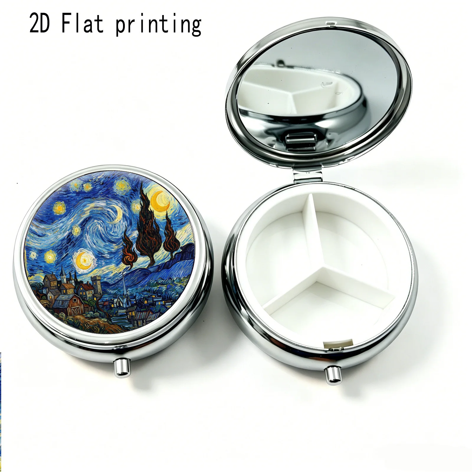 Portable Mini Three-Compartment Pill Box, Classic Starry Sky Countryside Oil Painting Round Print, Travel Medicine Storage Box, Sealed and Moisture-Proof, Capsule Vitamin Organizer, Portable Small Pill Box