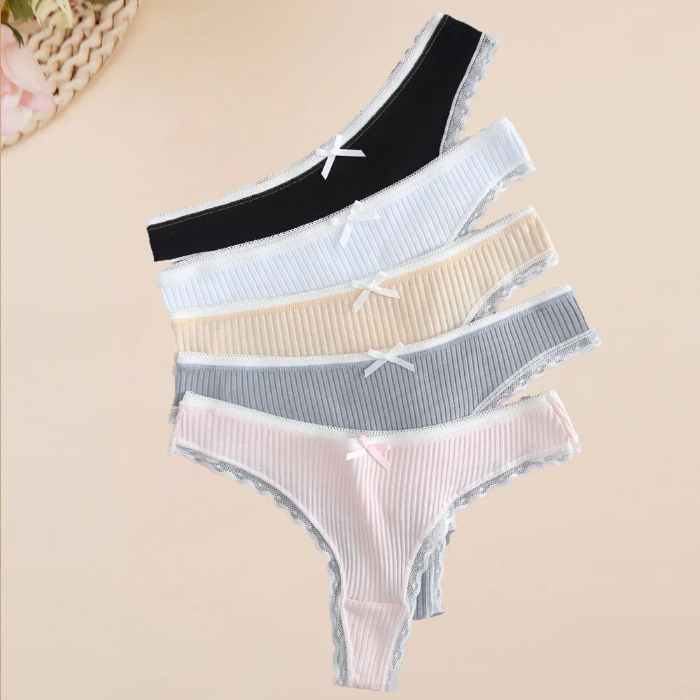 5 pezzi di mutandine di cotone da donna tinta unita vita bassa filettato perizoma lingerie moda mutande traspiranti sexy