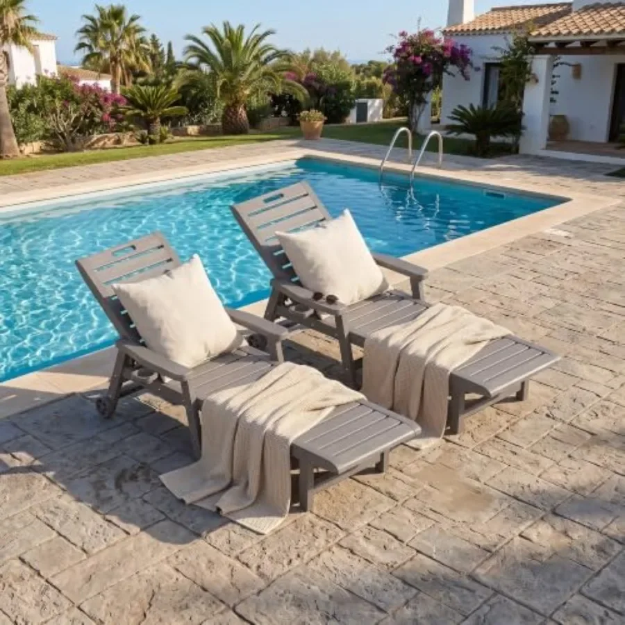 Outdoor Chaise Lounge Chairs for Pool Garden Beach Lawn, Waterproof Lightweight PP Resin, Beige, 5-Position Adjustable Backrest