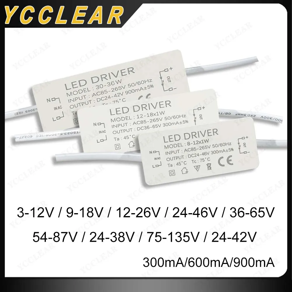 3-36W LED Driver DC3-12V 12-26V 24-46V 36-65V 54-87V 75-135V 24-38V 300mA 600mA Lighting Transformers For 3-36W Power Supply