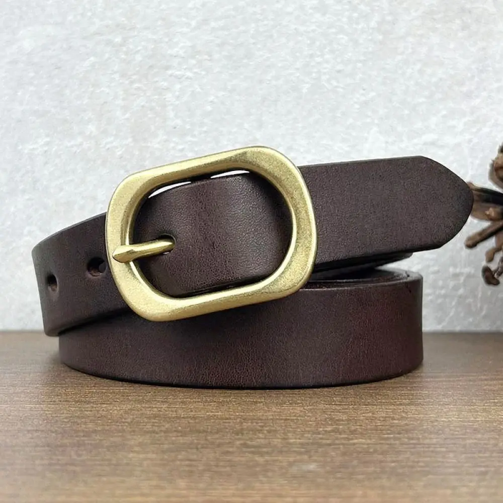 Leather Belt Womens Retro Brass Buckle Cowhide Waistband High Quality Simple Fashion Strap For Jeans Casual Outfit