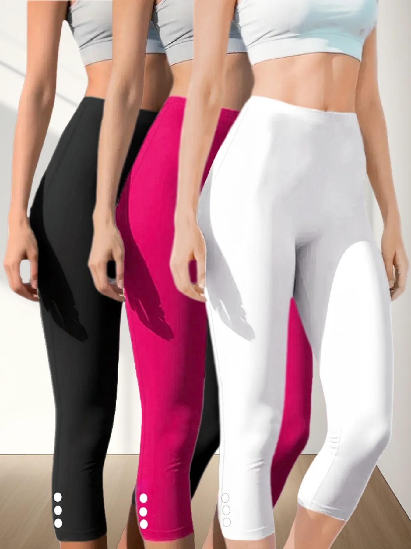 

Комплект из 3 женских спортивных штанов размера плюс 3/4 длины, высокоэластичный комфорт, леггинсы для фитнеса и йоги, украшенные пуговицами.