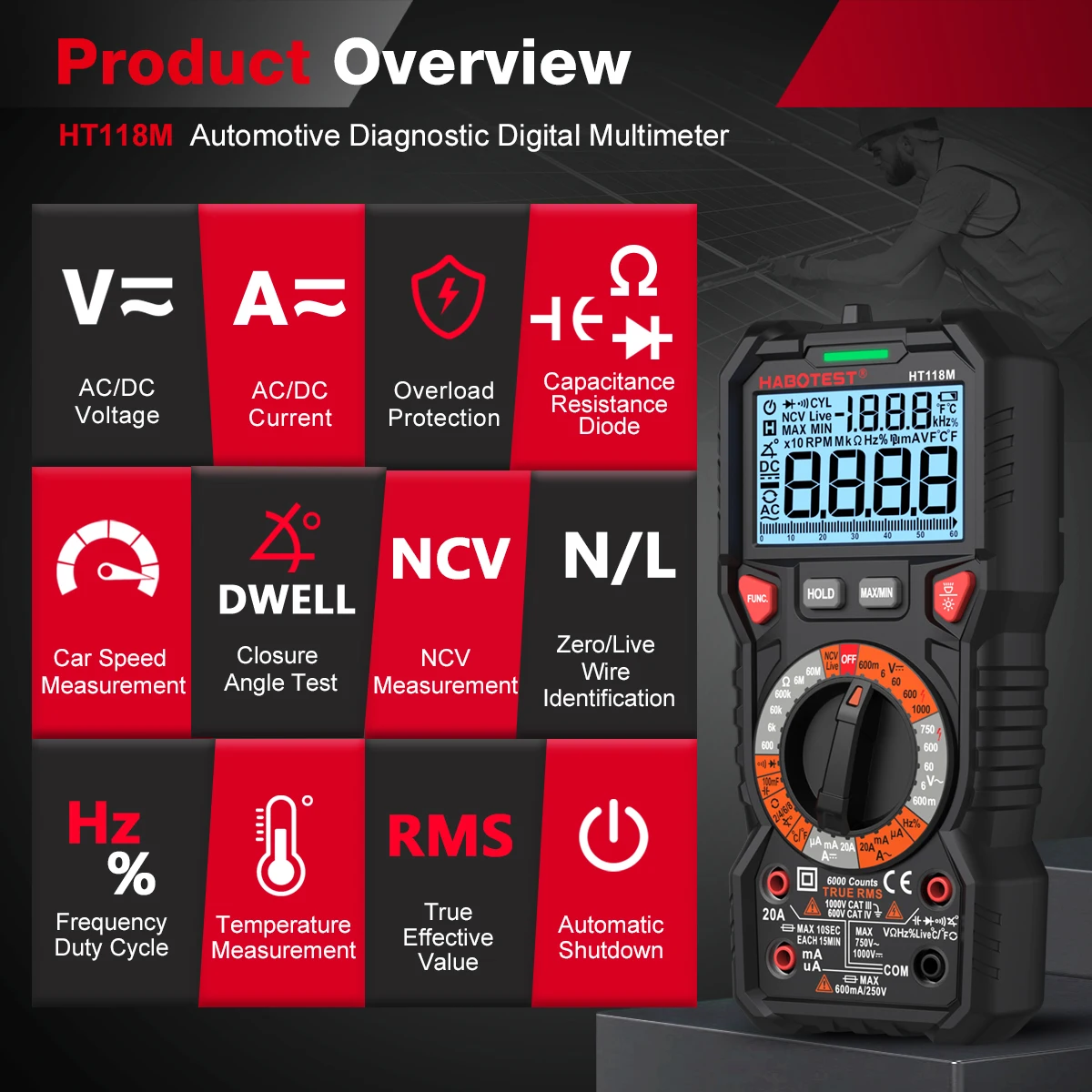 HABOTEST HT118M Digital Multimeter 6000 Counts AC/DC Voltage Current Tester NCV T-RMS With Backlight Manual Digital Multimeter