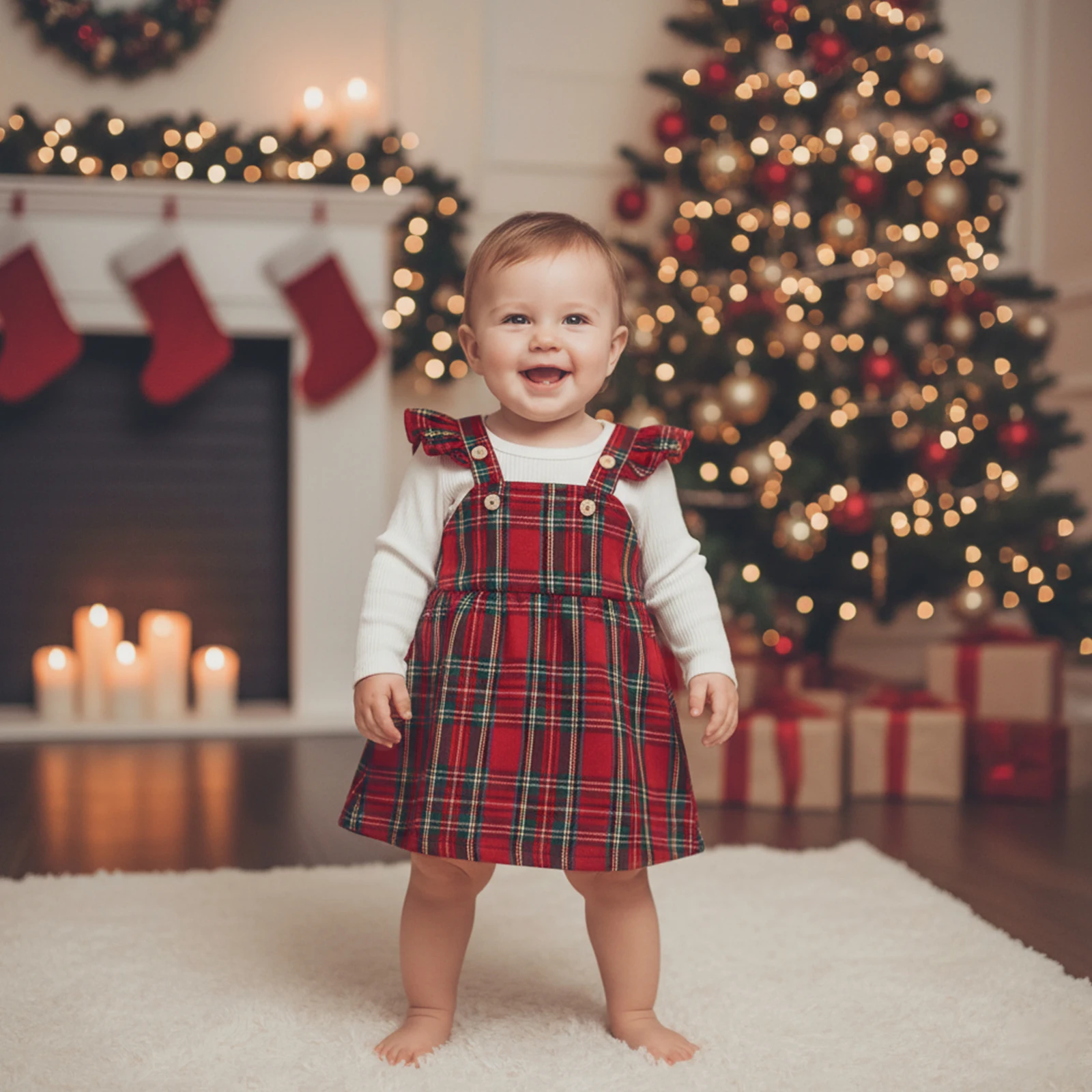 

Suefunskry Рождественский наряд для маленьких девочек, однотонный комбинезон в рубчик с длинными рукавами и клетчатым комбинезоном с летающими рукавами, комплект из 2 предметов