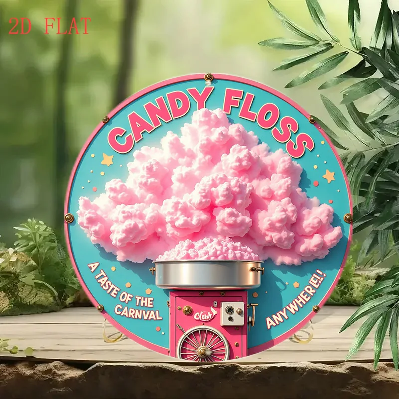 The wooden sign candy cotton machine is designed with a circular wall decoration - featuring a retrocarnivalart with pink clouds