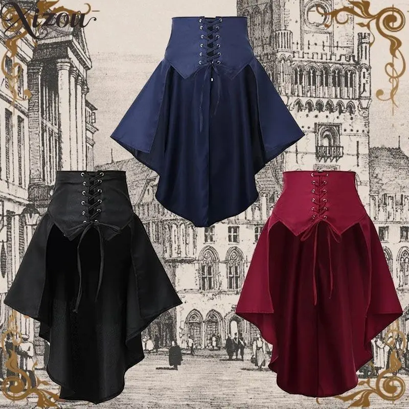 Retro Steampunk Gothic Women Skirt Corset High Waist Victorian Mermaid Ruffled Tiered Hem Pirate Front Lace-Up Waist Cosplay