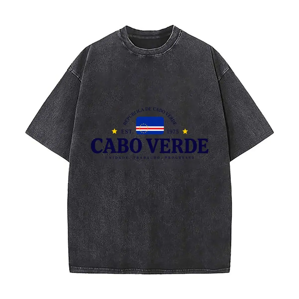 Cabo Verde Republic Flag Est 1975 Unity Work Progress Washed Vintage Short Sleeve Loose Streetwear Tee