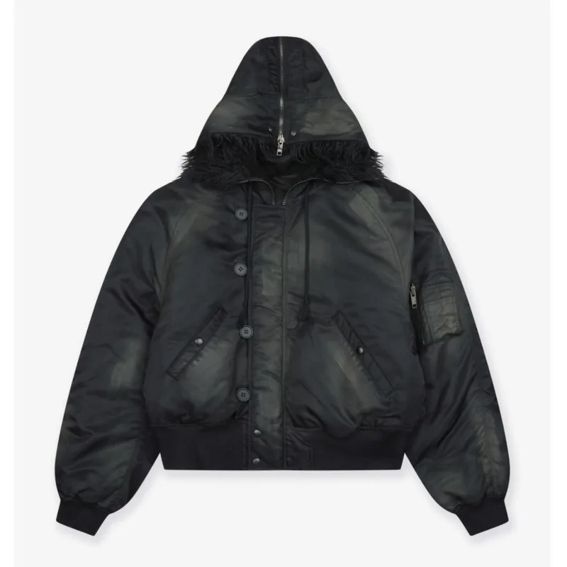 PFNW Winter New Oversized Black Cotton-padded Coat Men\'s Trend Tie-dye Print Fur Collar Zipper Hooded Quilted Padded Jackets