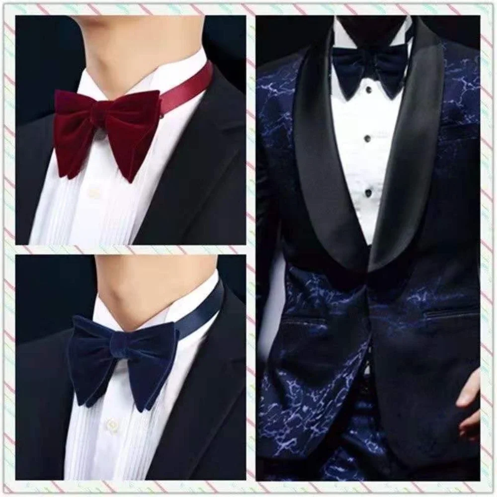 12x8.5CM Large Bow Tie Men's Cocktail Party Banquet Wedding Accessories Vintage Velveteen British Solid Color Oversized Bowtie