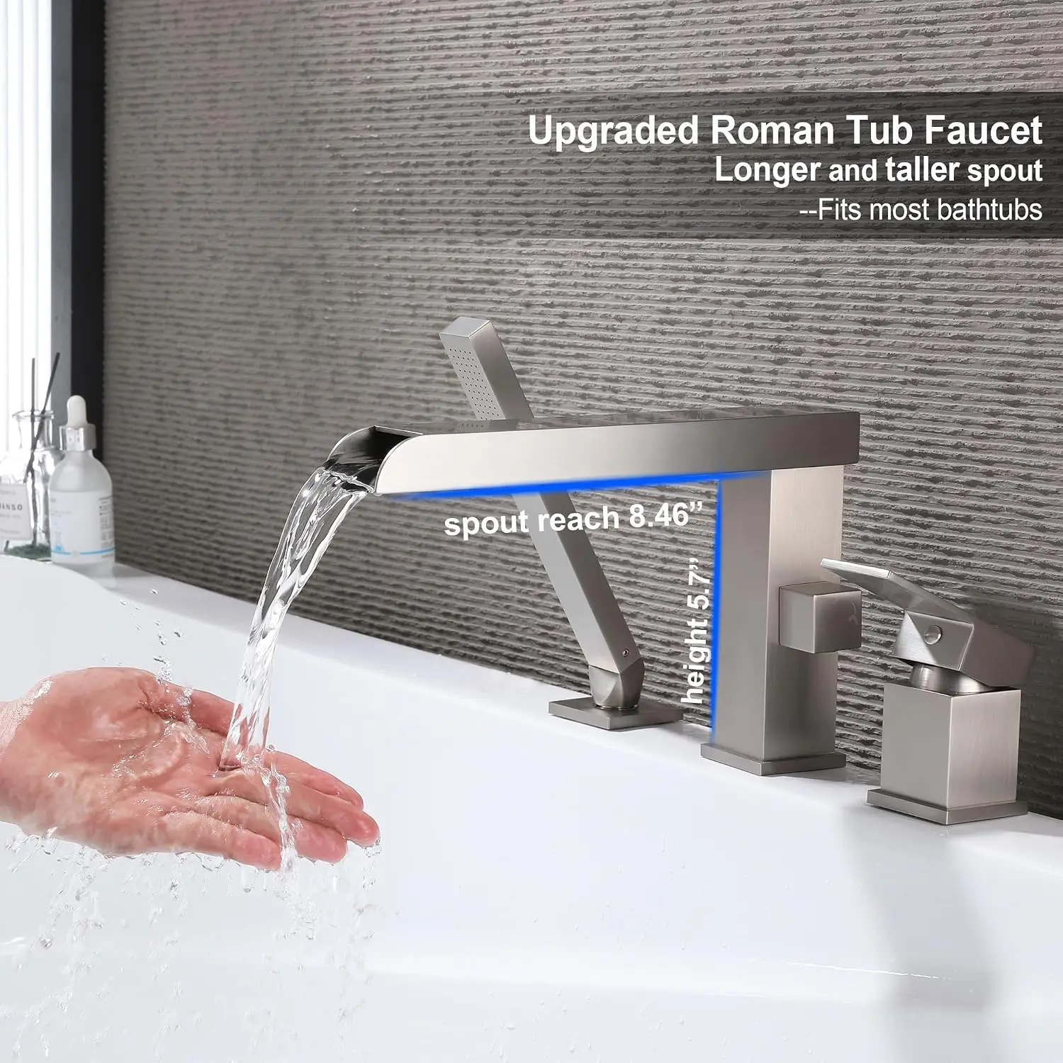Roman Tub Faucet with Hand Shower Brushed Nickel Rotatable Spout | Long Spout, Rotatable Spout, All Metal Design, Easy To Fit, 3 Hole Widespread