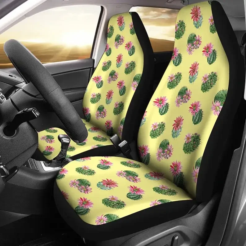 Cactus Pattern With Flowers Car Seat Covers Pastel Yellow Southwestern Set of 2 Boho Desert Car Accessories Universal Car SUV Bu