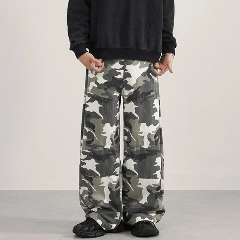 

American Style Men's Casual Pants Camouflage Wide Leg Silhouette Contrast Color Male Curved Knife Trousers Autumn