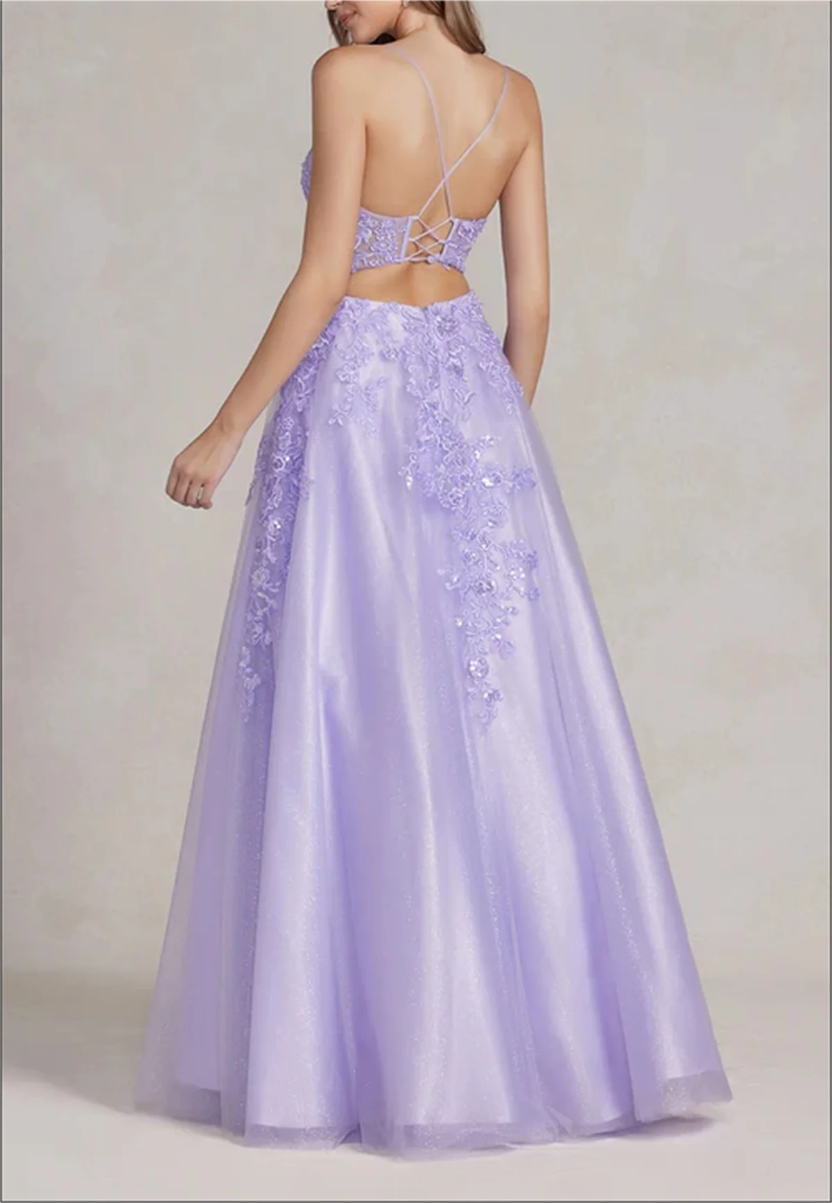 Purple Lace Print Prom Gown Sexy Cut-Out See-Through Slit Tulle Evening Dress Sweet Print Sleeveless Strap Private Custom ...