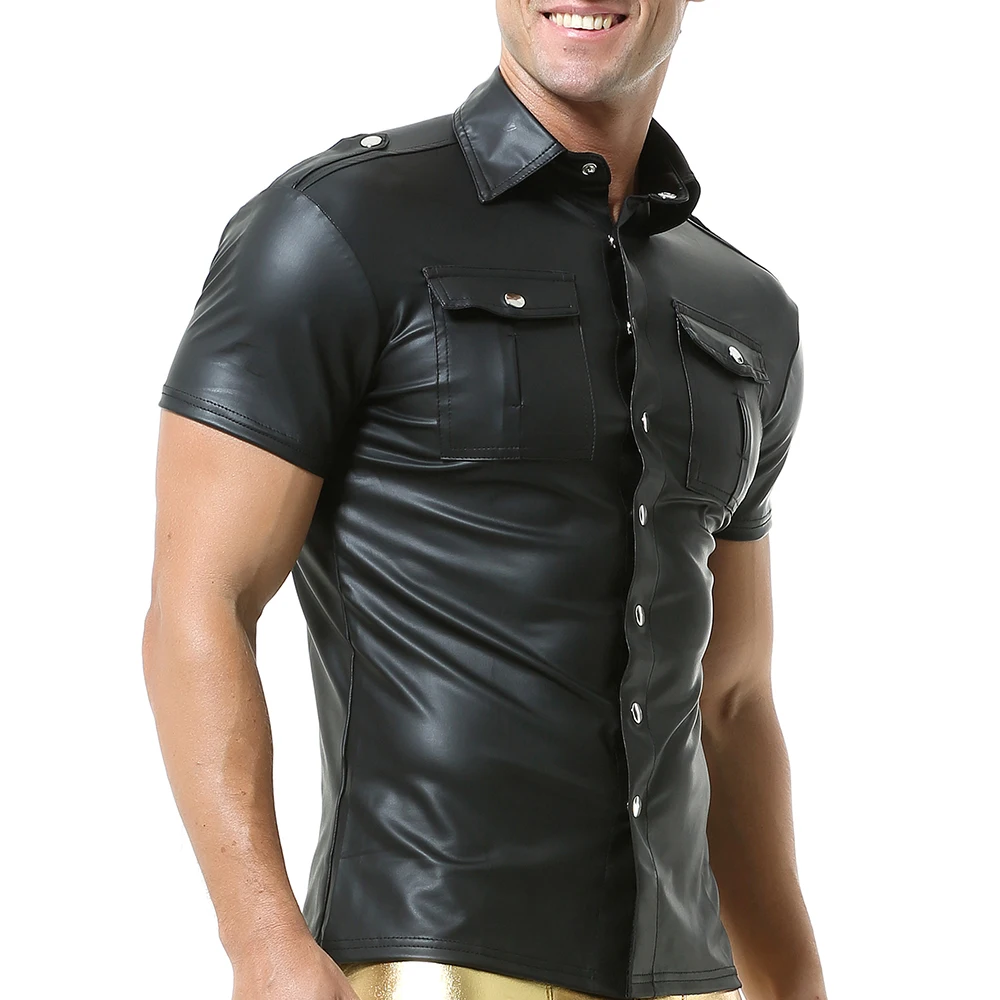 Men Sexy Faux Leather Short-sleeved Shirt Men Turn Down Collar Shaping Sheath Tee Shirts Sexi Leather Button Tops Night Clubwear