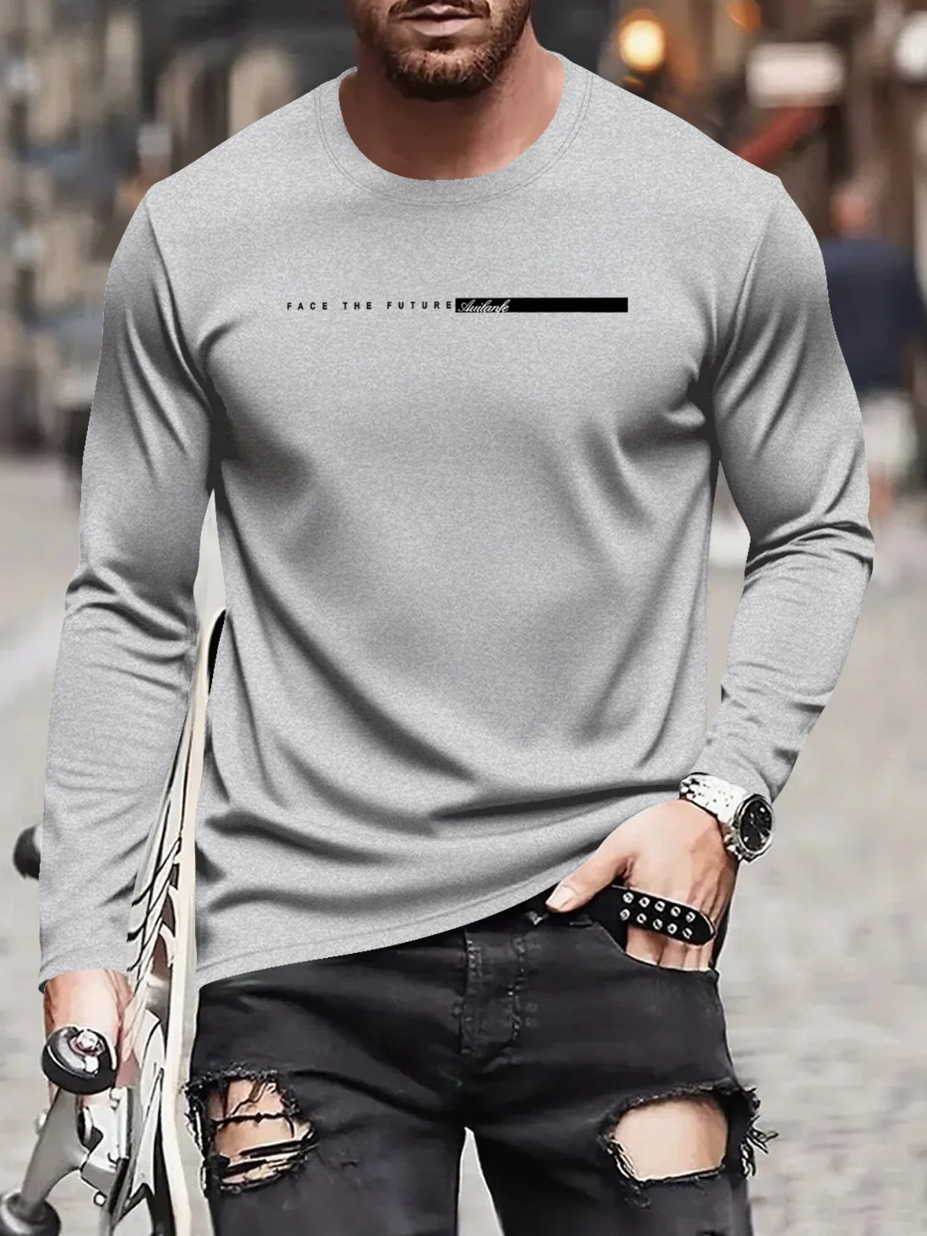 100 cotton men's long sleeved round neck loose cow head skull pattern printed autumn and winter T-shirt top casual versatile
