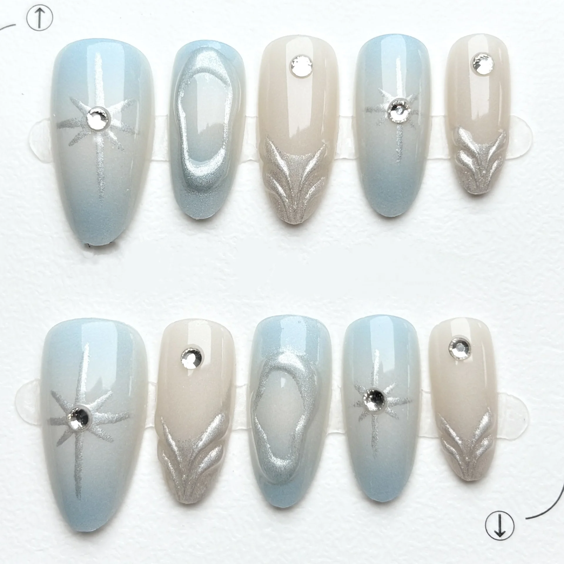 24 Stück ovale künstliche Nägel Kunst Frühling Sommer Strass Sternenlicht Design Press on Nails Tipps Glitzer Aurora Katzenauge Falsche Nagelsets