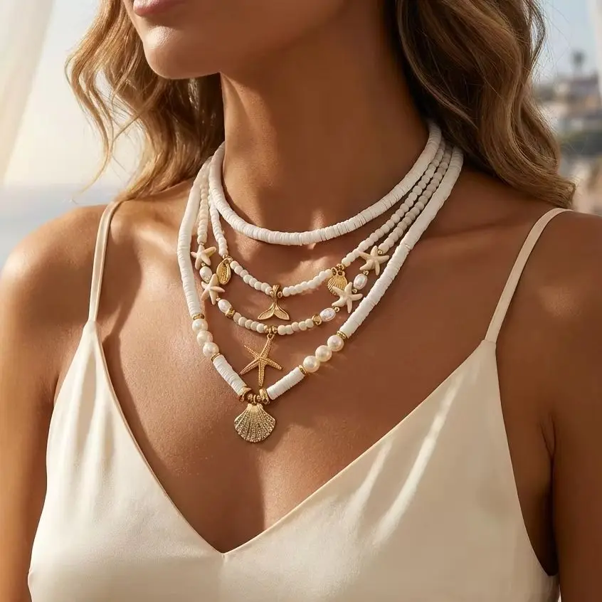 Mehrschichtiges Muschel-Halsketten-Set für Damen, 3-teilig, mit weißen Perlen, Seestern, Meerjungfrauenflossen-Choker, Kunstperlen, Strandurlaubsschmuck