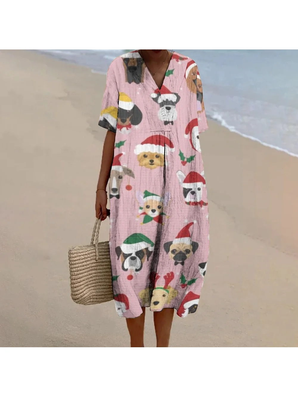 Pink Christmas Puppy Printed Dress V-Neck Chic Casual Straight Beach Dress Short Sleeve Loose High Quality New Designer Clothing