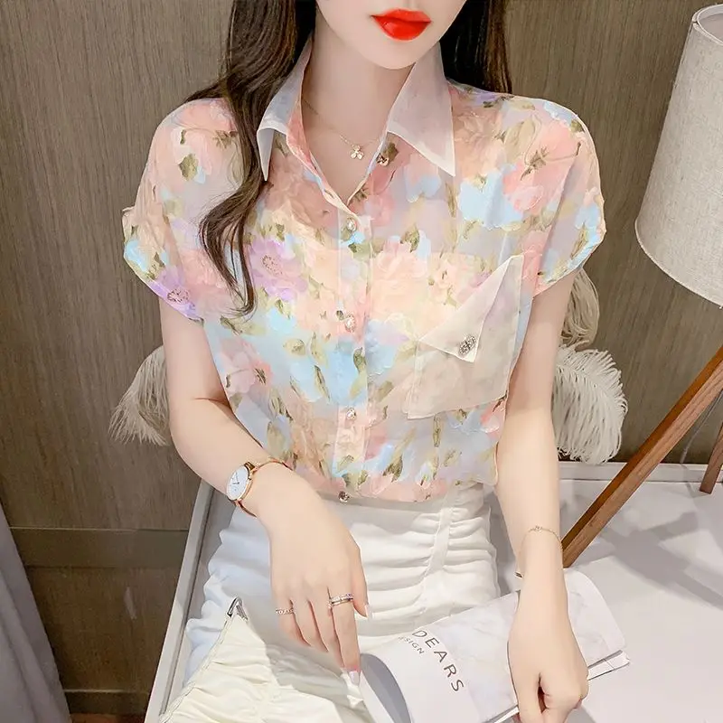 Summer New Floral Chiffon Blouse Short Sleeve Thin Polo Neck All-match Printing Sweet Shirt Tops Fashion Elegant Women Clothing