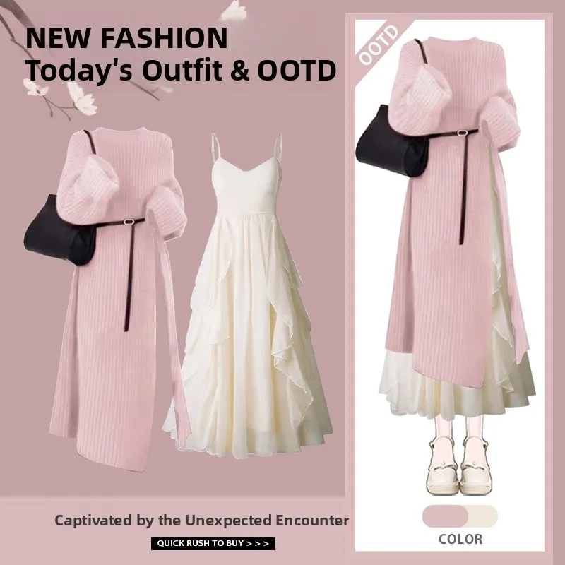 

Autumn Winter Women's Knitted Sweater Coat Set with Strap Dr Two Piece Set Whole Set New Sle Cisas Theme Faionable