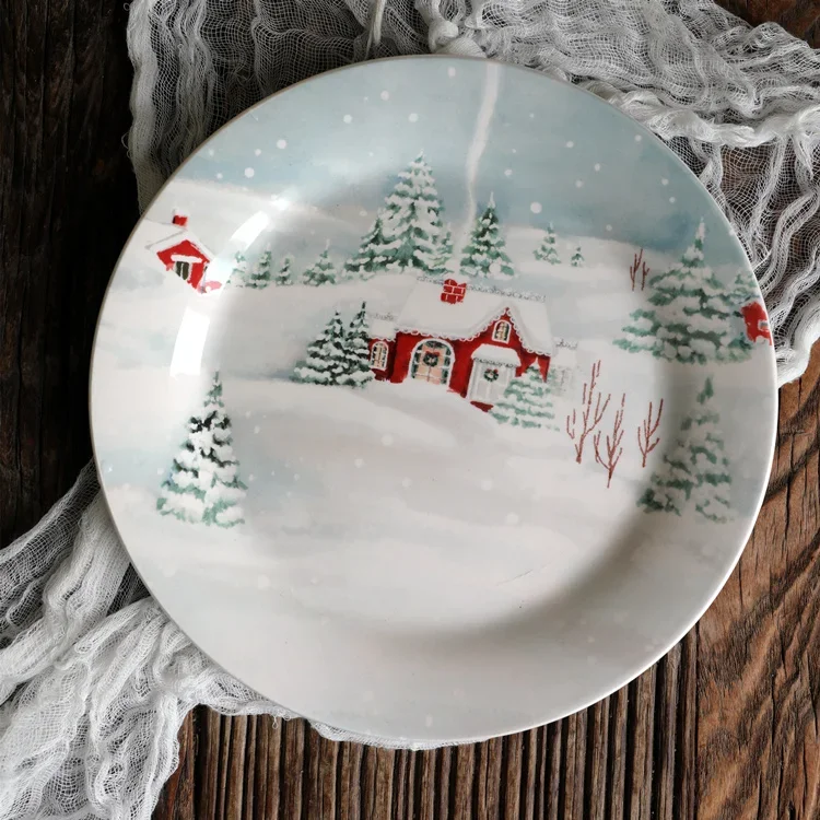 American style snowy countryside Christmas plate, original foreign trade exquisite Christmas fruit decoration plate