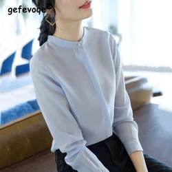 Elegant Simple Business Casual Office Lady Blue White Button Up Shirt 2023 Spring Summer Fashion Long Sleeve Blouses Tops Women