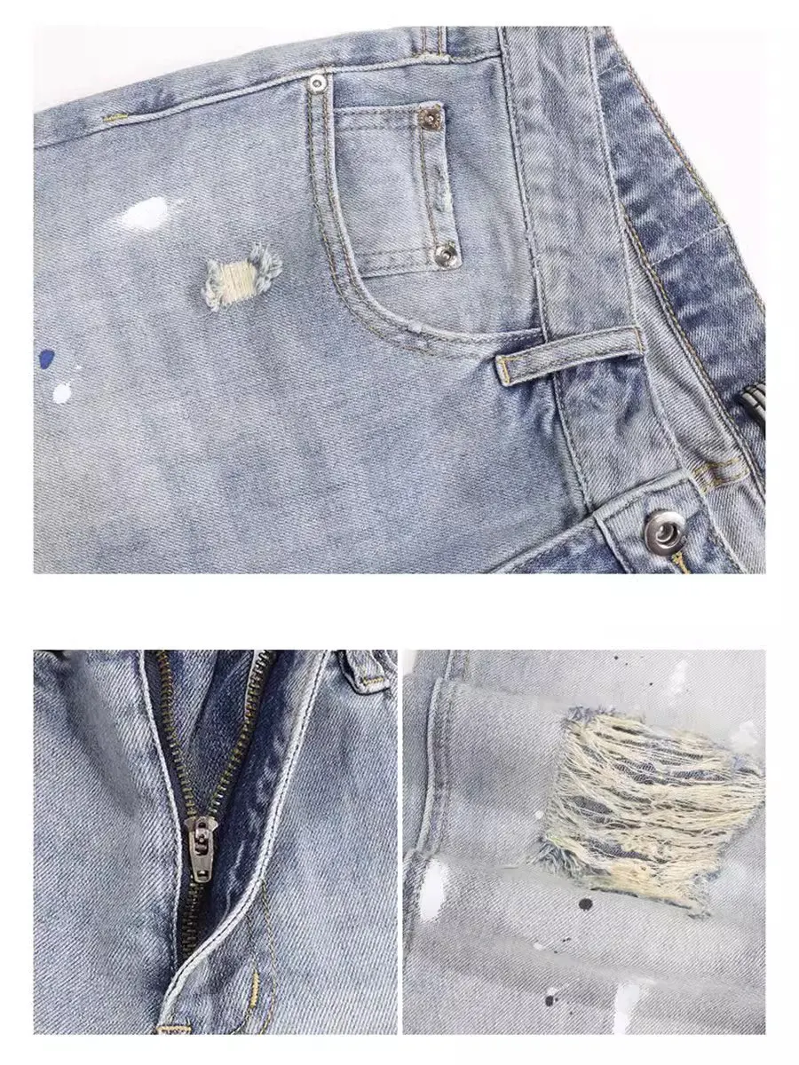 Street Fashion Men Jeans Retro Light Blue Elastic Stretch Skinny Ripped Jeans Men Painted Designer Vintage Denim Pants Hombre