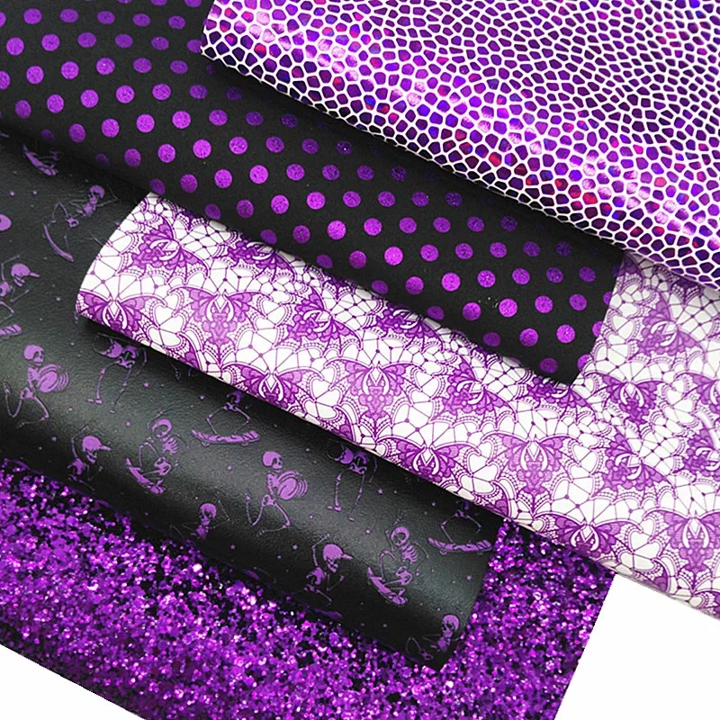 Purple Glitter Leather Sheets Skeletons Bats Dots Custom Faux Leather Sheets Iridescent Stone Leather for DIY 21x29CM Y214