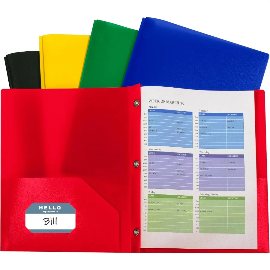 

TwoPocket Heavyweight Poly Portfolio with Prongs for Letter Size Papers Includes Busin Card Slot Assorted Colors 10 Pack 32960