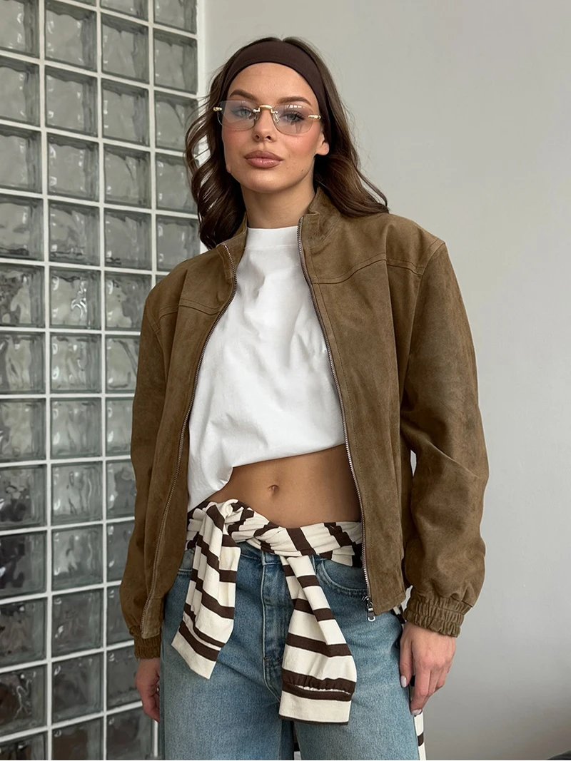 

New Suede Leather Jacket for Women 2025 Fashion Casual Short Coat Stand Collar Zipper Leather Coat Autumn New In Outerwear