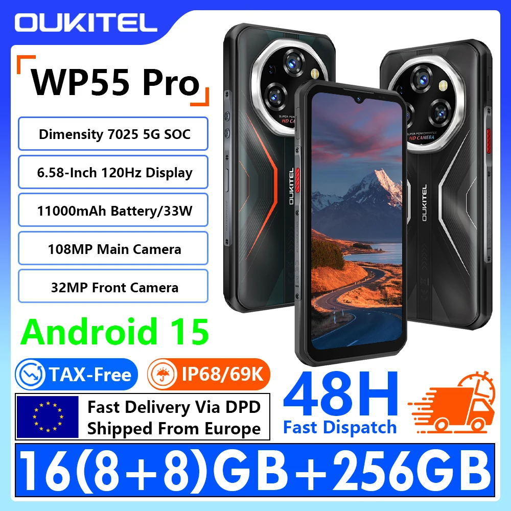 [Versand aus Europa] OUKITEL WP55 Pro 5G Outdoor-Smartphone 6,58-Zoll FHD+ 120Hz Display 48(16+32)GB RAM+512GB ROM Dimensity 7025 5G 11000mAh Akku 33W Schnellladung 108MP+32MP Kamera Android 15 NFC