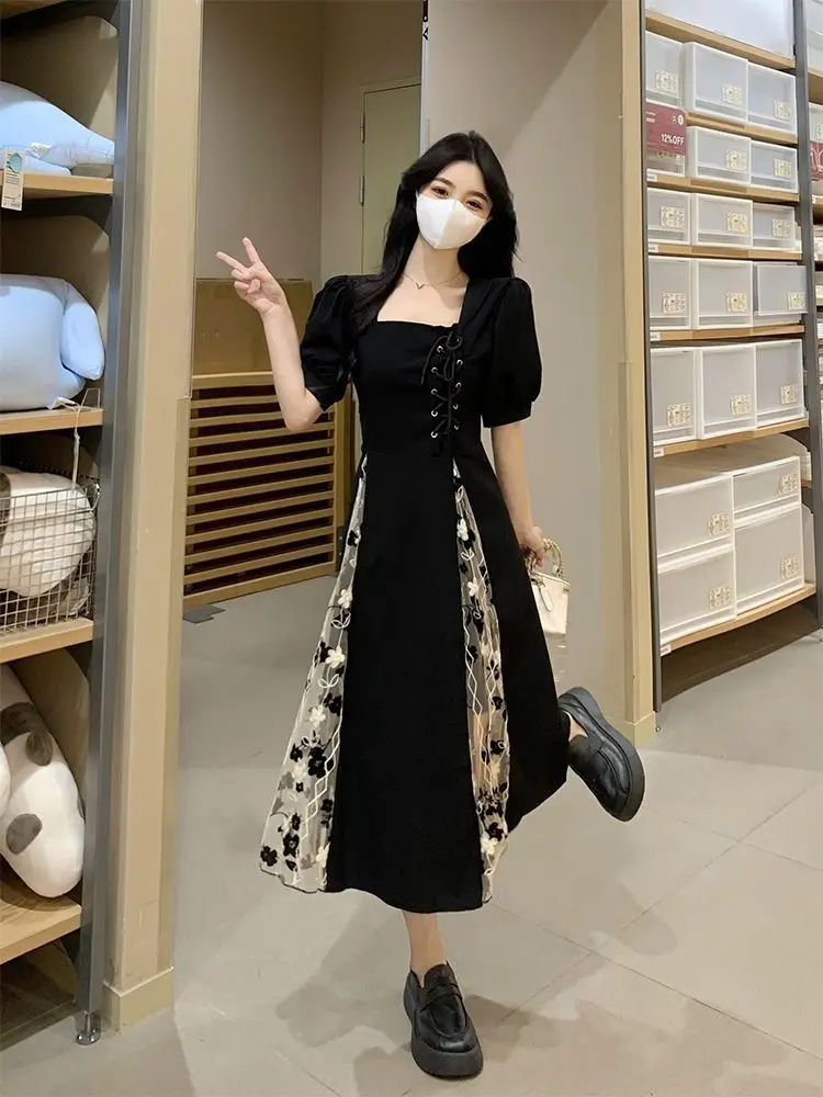 

Hepburn Square Collar Retro Gauze Long Dress Women'S Summer New Niche Design Slim Waist A-Line Skirt