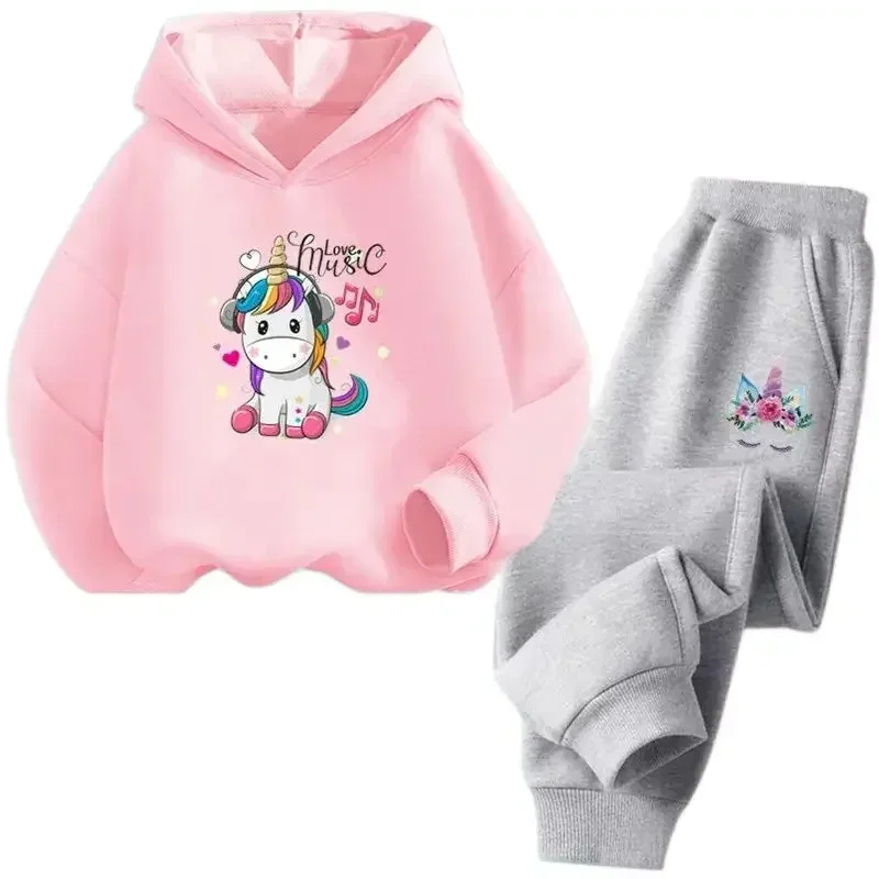 Girls Cute Unicorn Hoodies Sets Children Long Sleeves Hoodies Trousers 2pcs Tracksuit Fashion Cartoon Sports Clothing Outfits