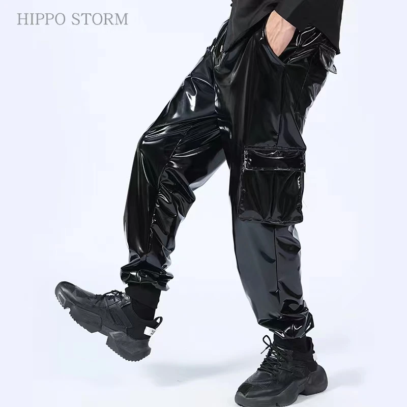 Black PU Leather Workwear Pants Hip-hop Trendy Men's Casual Pants Leggings Nightclubs Bars Parties Stage Performance Costumes