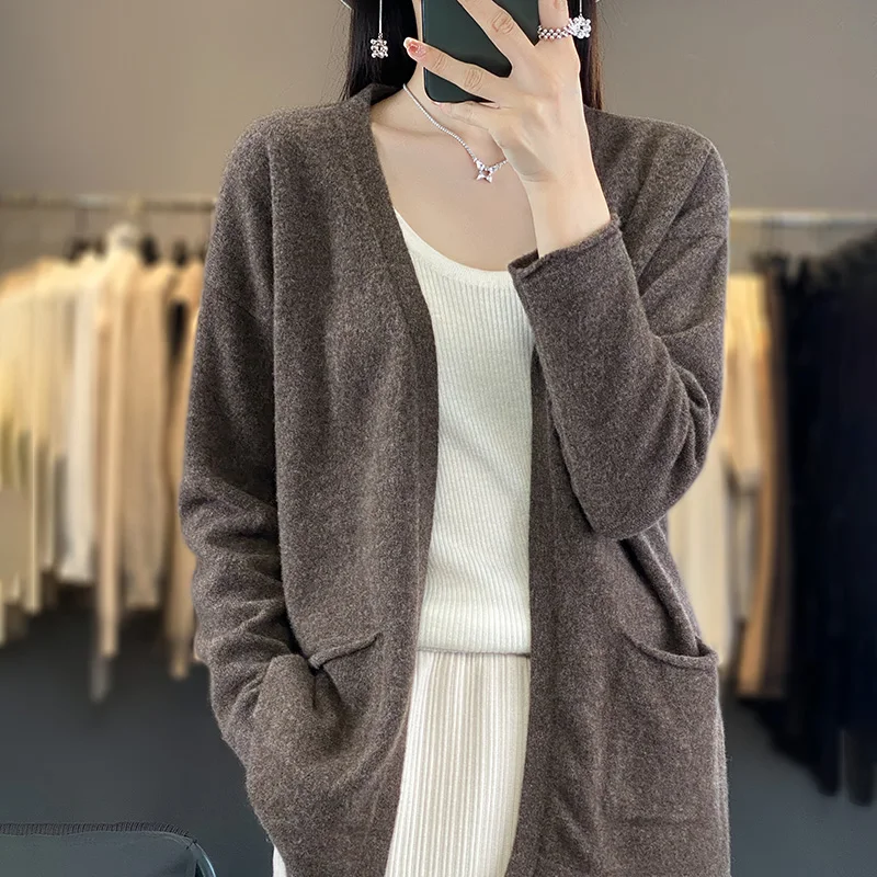 V-Neck Cashmere Cardigan Autumn Winter Women's Long Sleeved Warm High-Quality Solid Color Knitted Buttonless Soft Wool Coat