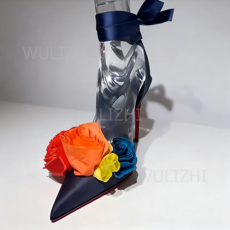 

Orange Canvas Floral Design Heels Cute Ankle Sandals Scarf Pointed Dark Blue Stiletto Ruffle Pump Women Red Party Evening Shoes