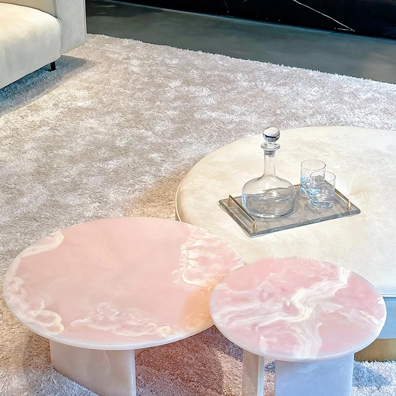 Table Basse Ronde Moderne en Marbre, Meuble d'Angle Transparent, Couleur Rose, Style Sédentaire poumons