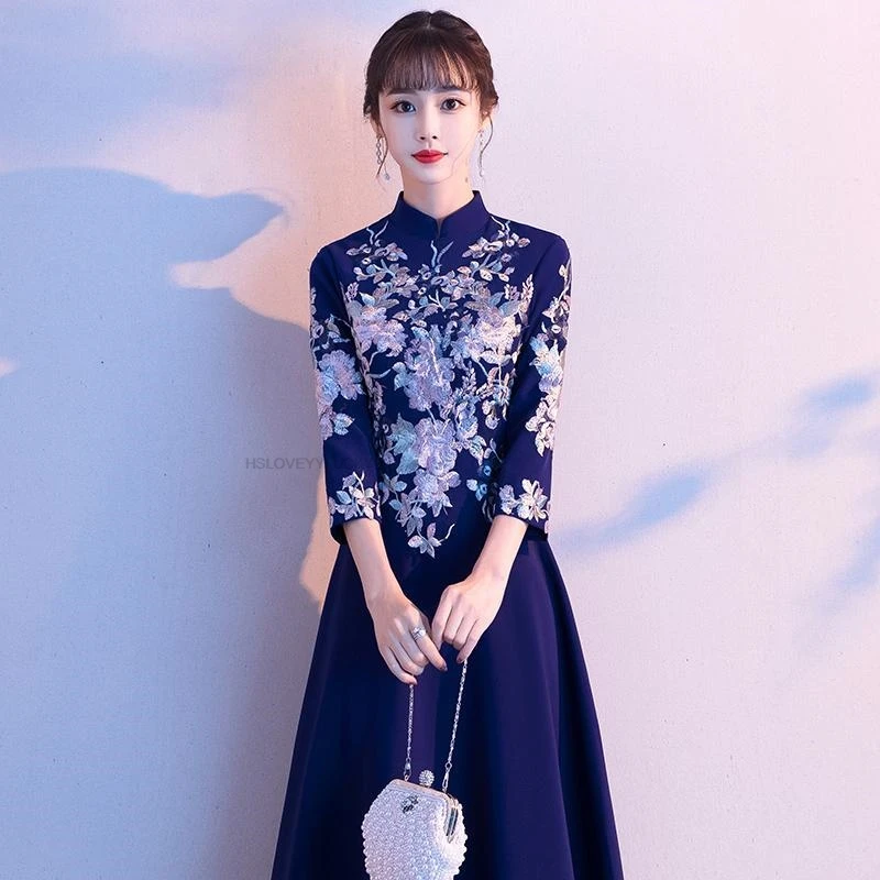 

Chinese Improved Qipao Dress Cheongsam National Flower Embroidery Banquet Dress Women Elegant Vintage Evening Dress Vestido