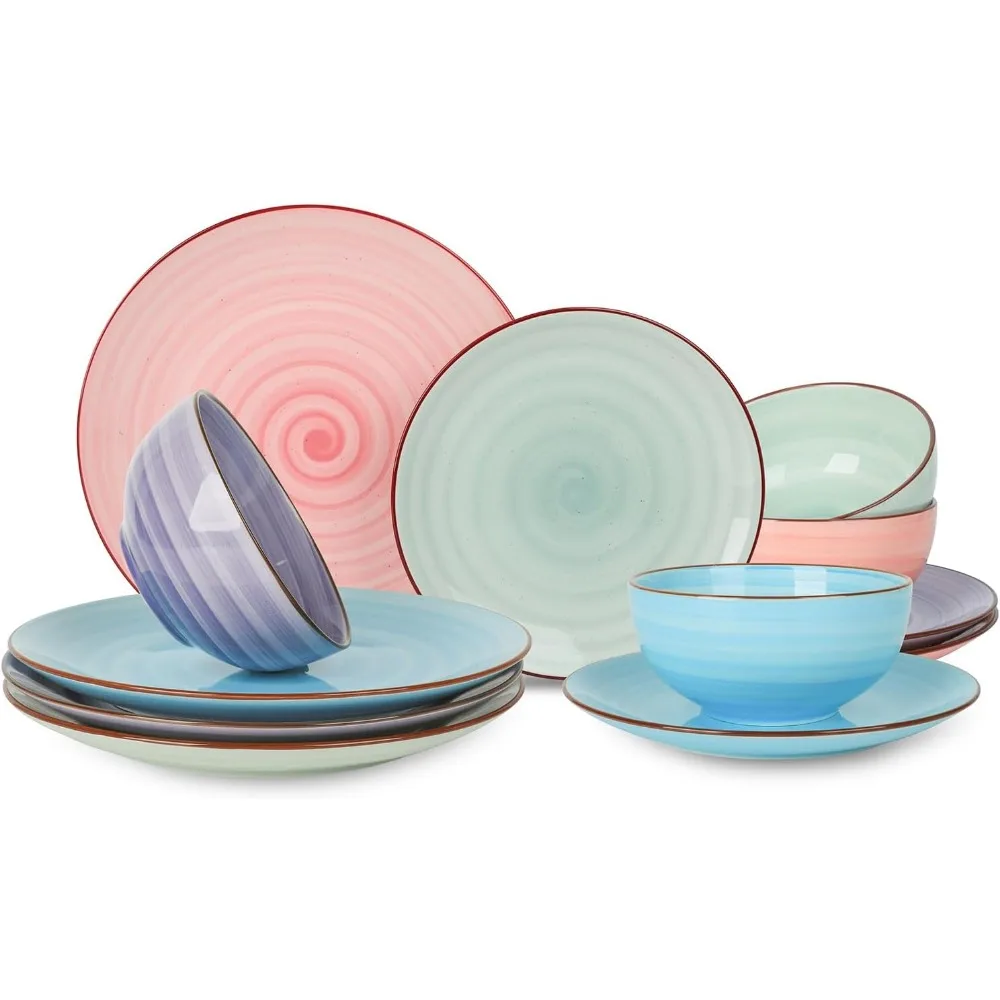 

ceramic 12-pieces dinnerware sets, scratch resistant plates and bowls sets, handpainted swirl dishes set for 4 with spray black