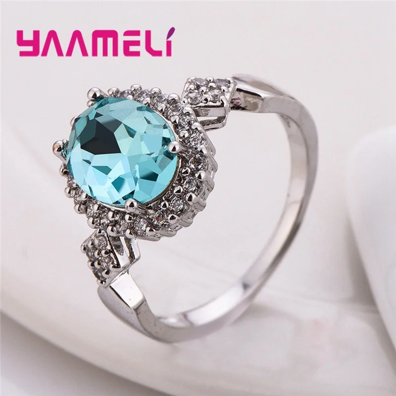 Newest Summer Elegant Luxury Purple Green Black Red Light Blue Crystal Original Silver Color Rings For Women Wife Bridal Jewley