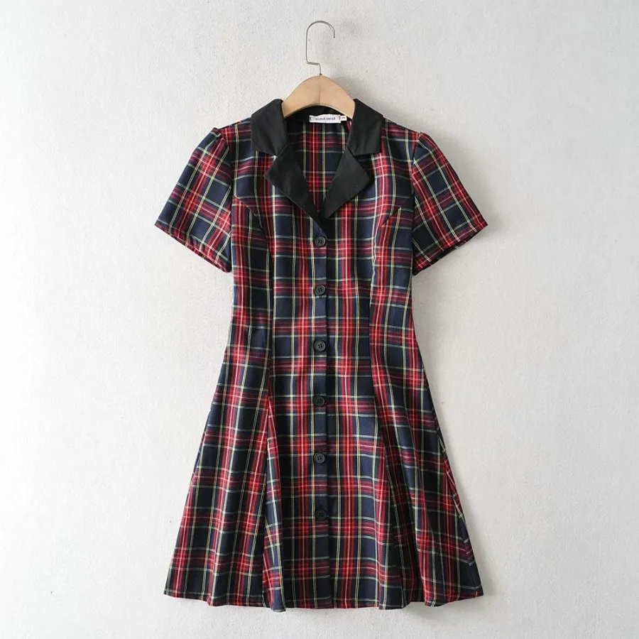 

【New style】Spring new style suit collar plaid figure-fitting high waist first-hand retro short-sleeved dress and short skirt