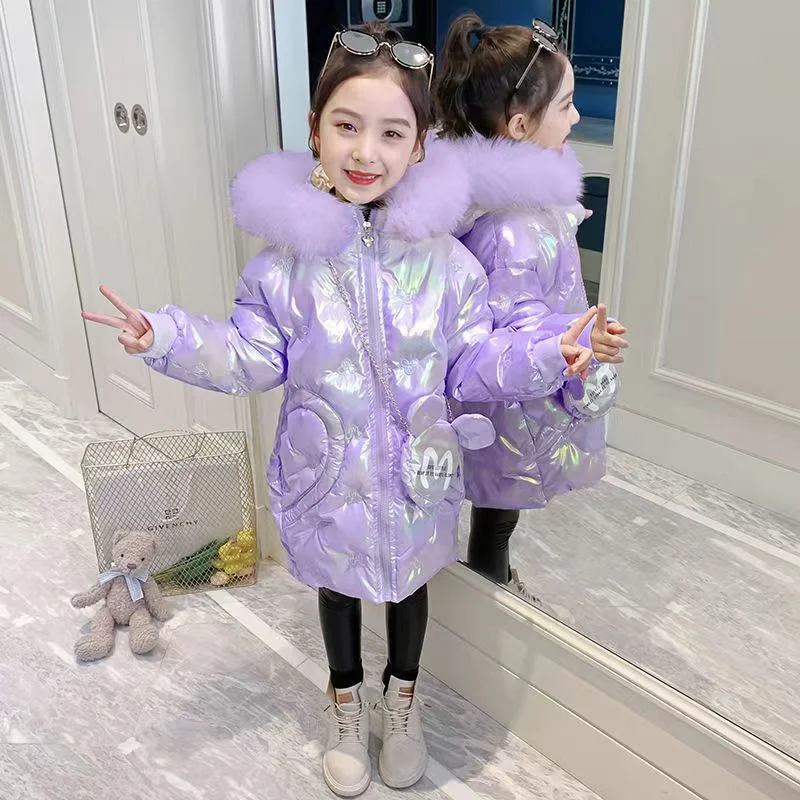 Thicken Casual Jackets Kids Winter Glossy Coats Baby Girl Plush Hooded Outerwear Children Zipper Parkas Fashion Cute Overcoat